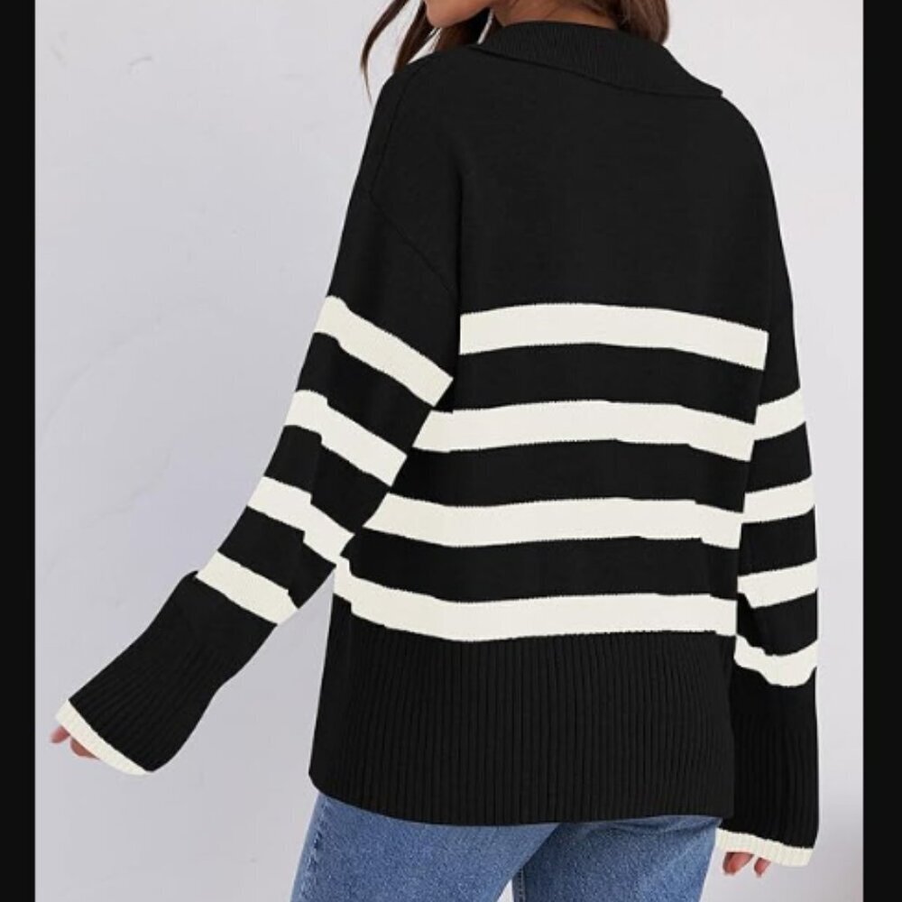 Women's Lapel VNeck Long Sleeve Striped Chunky Knit Oversized Sweater Small NWT - Picture 2 of 7